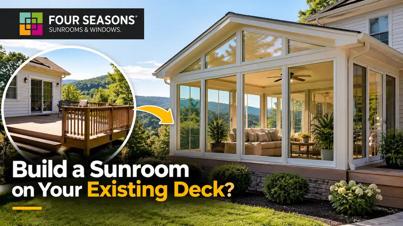 Existing wooden deck beside a house compared with a modern glass sunroom addition, showing sunroom construction possibilities for Hudson Valley homeowners.