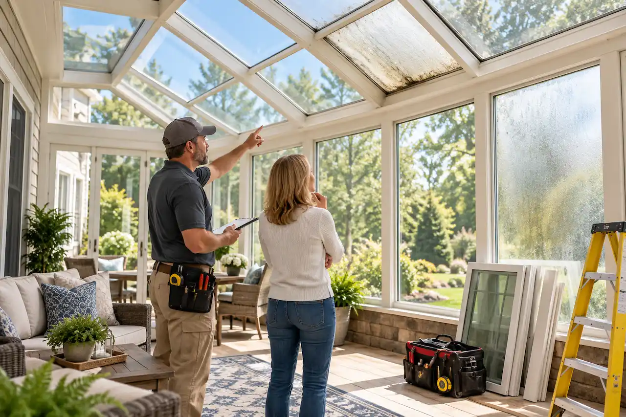 "Sunroom renovation contractor inspecting damaged glass roof panels with a homeowner to discuss Four Seasons sunroom repair and replacement options in Wallkill, NY."